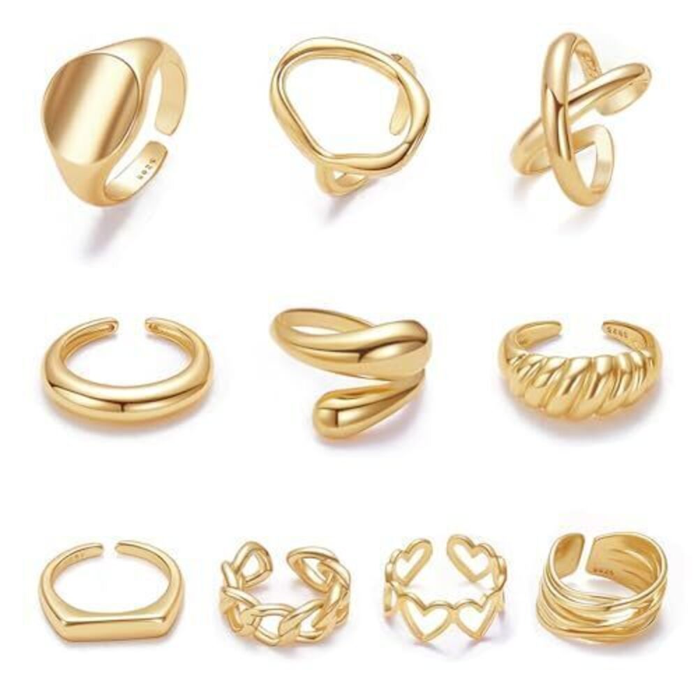 3858 10PCS Gold Dome Chunky Rings 18K Gold Plated Braided Twisted Round